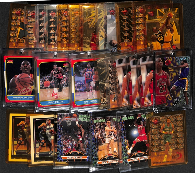 (27) Basketball Cards w. (3) 1986 Fleer (Dominique Wilkens, Clyde Drexler, Isaiah Thomas), Shaquille O'Neal Rookie Inserts, & Stars/Inserts/Rookies (inc. M. Jordan and Kobe Bryant)