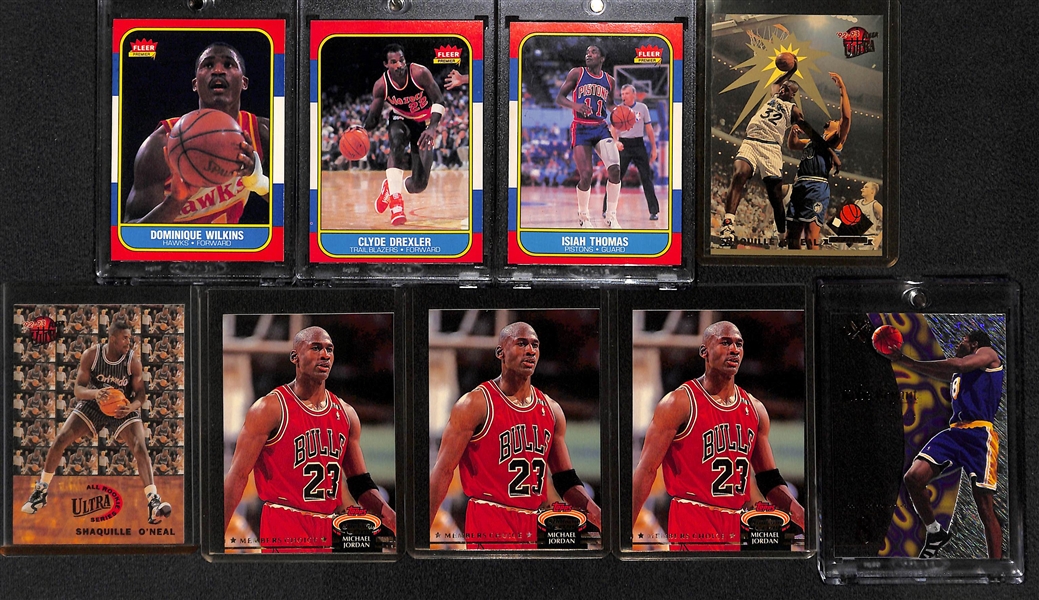 (27) Basketball Cards w. (3) 1986 Fleer (Dominique Wilkens, Clyde Drexler, Isaiah Thomas), Shaquille O'Neal Rookie Inserts, & Stars/Inserts/Rookies (inc. M. Jordan and Kobe Bryant)
