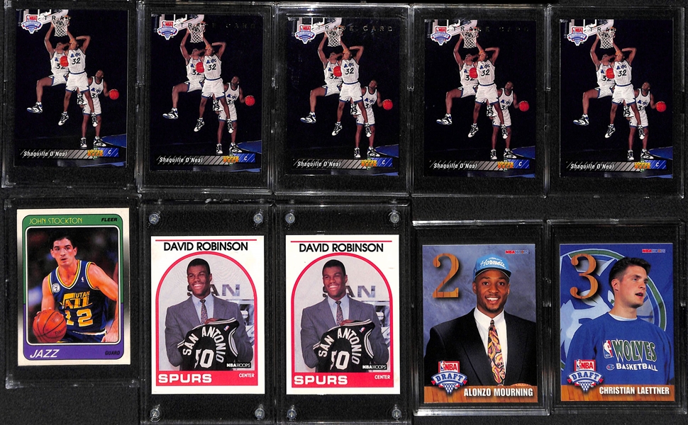 Lot of (16) Basketball Rookie Cards w. (5) UD Trade Shaquille O'Neal, 1988 Fleer John Stockton, (2) NBAHoops David Robinson Rookies, +