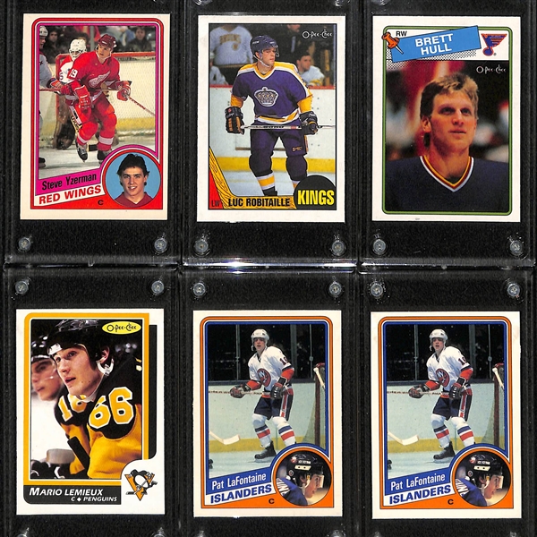(6) OPC Hockey Cards - 1984 Yzerman Rookie #67, 1987 Luc Robitaille RC #42, 1988 Brett Hull RC #66, 1986 Mario Lemieux #122, (2) 1984 Pat LaFontaine RCs #129