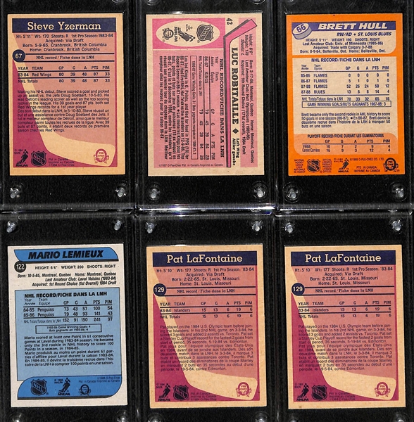 (6) OPC Hockey Cards - 1984 Yzerman Rookie #67, 1987 Luc Robitaille RC #42, 1988 Brett Hull RC #66, 1986 Mario Lemieux #122, (2) 1984 Pat LaFontaine RCs #129