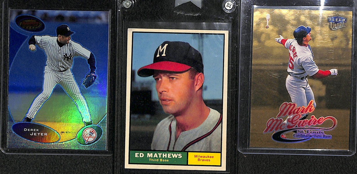 Lot of (19) Baseball Cards w. 2003 Jeter Blue Refractor #ed/100, 1961 Topps E. Mathews, Mark McGwire, Nolan Ryan, Refractor (Include Thome and Belle), +