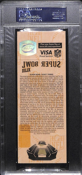 2008 Super Bowl XLIIl Ticket PSA 8 (Pittsburgh Steelers 27 - Arizona Cardinals 23) - Blue Variation Ticket