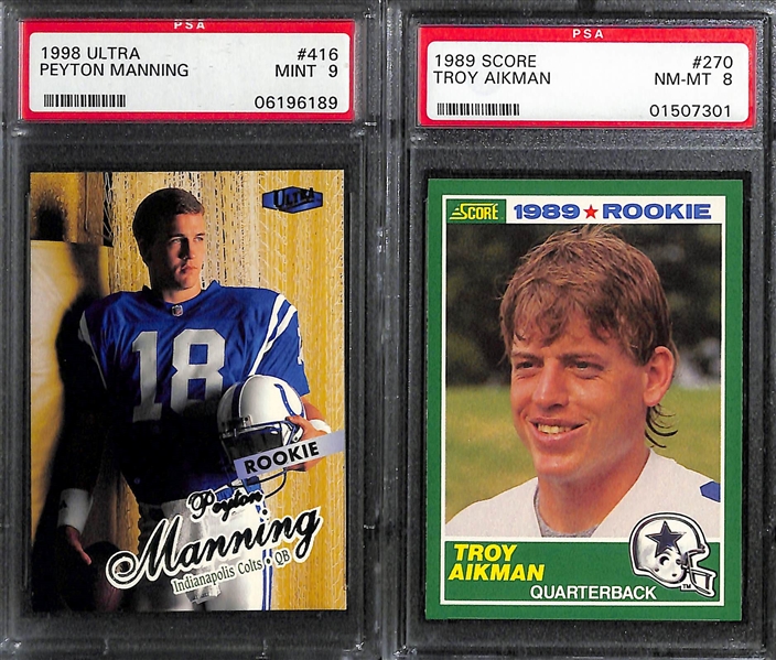 (7) Graded Football Rookie Cards w. 1998 Ultra P. Manning PSA 9, (3) Troy Aikman (Inc. 1989 Score PSA 8), B. Sanders, Brunell, K. Warner