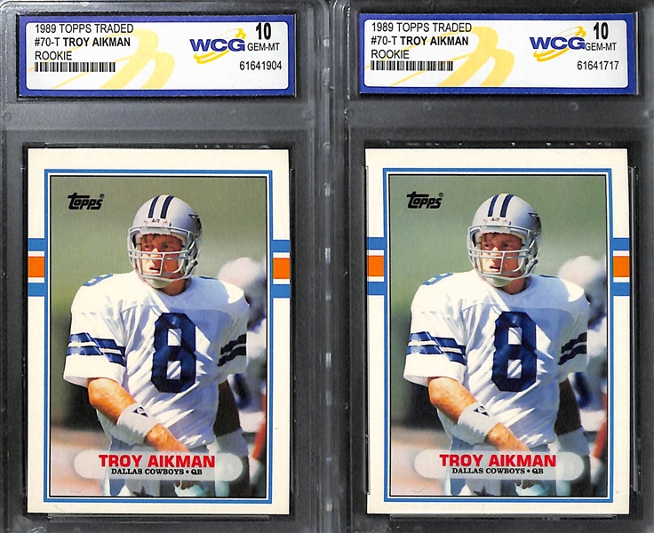 (7) Graded Football Rookie Cards w. 1998 Ultra P. Manning PSA 9, (3) Troy Aikman (Inc. 1989 Score PSA 8), B. Sanders, Brunell, K. Warner