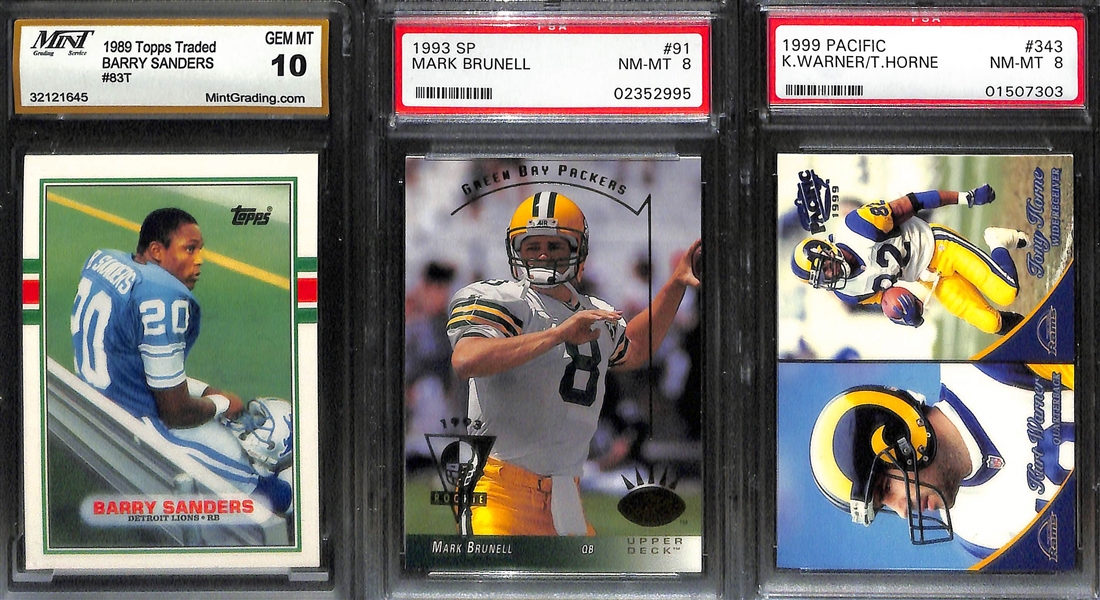 (7) Graded Football Rookie Cards w. 1998 Ultra P. Manning PSA 9, (3) Troy Aikman (Inc. 1989 Score PSA 8), B. Sanders, Brunell, K. Warner