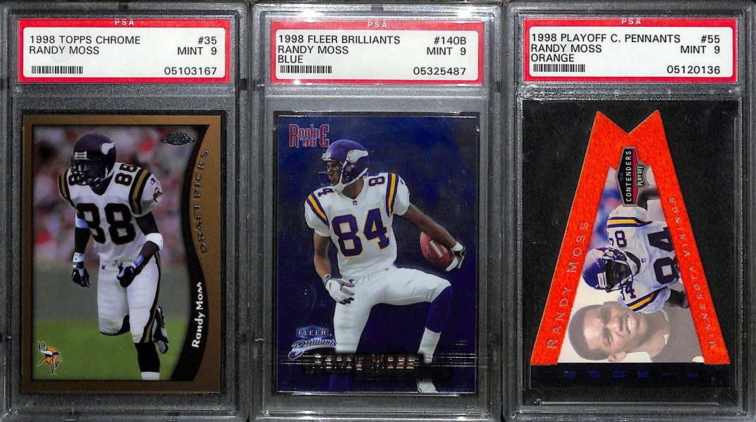 (3) 1998 Randy Moss Graded Rookie Cards - Topps Chrome PSA 9, Fleer Brilliants Blue PSA 9, Contenders Pennants Orange PSA 9