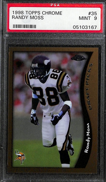 (3) 1998 Randy Moss Graded Rookie Cards - Topps Chrome PSA 9, Fleer Brilliants Blue PSA 9, Contenders Pennants Orange PSA 9
