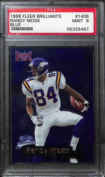 (3) 1998 Randy Moss Graded Rookie Cards - Topps Chrome PSA 9, Fleer Brilliants Blue PSA 9, Contenders Pennants Orange PSA 9