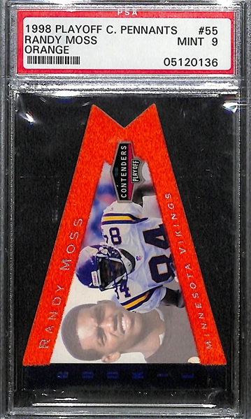 (3) 1998 Randy Moss Graded Rookie Cards - Topps Chrome PSA 9, Fleer Brilliants Blue PSA 9, Contenders Pennants Orange PSA 9