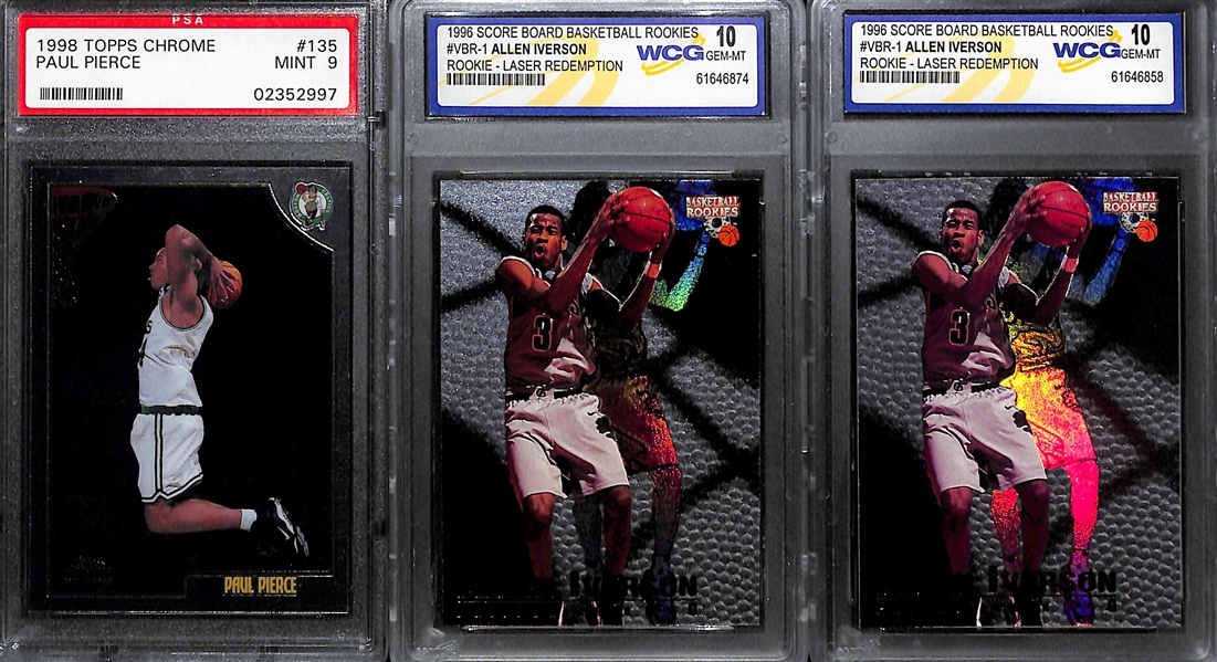 Lot of (3) Basketball Rookie Cards w. 1998 Topps Chrome Paul Pierce PSA 9 and (2) 1996 Score Board Allen Iverson Rookies