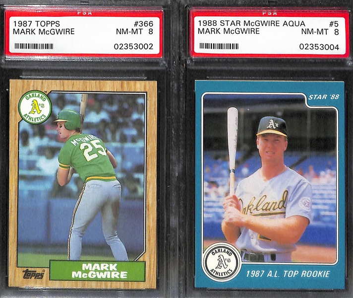 (4) Graded Mark McGwire Cards w. 1997 Flair Showcase Legacy Collection (#ed/100) PSA 9, 1985 Topps PSA 8, 1987 Topps PSA 8, 1988 Star PSA 8
