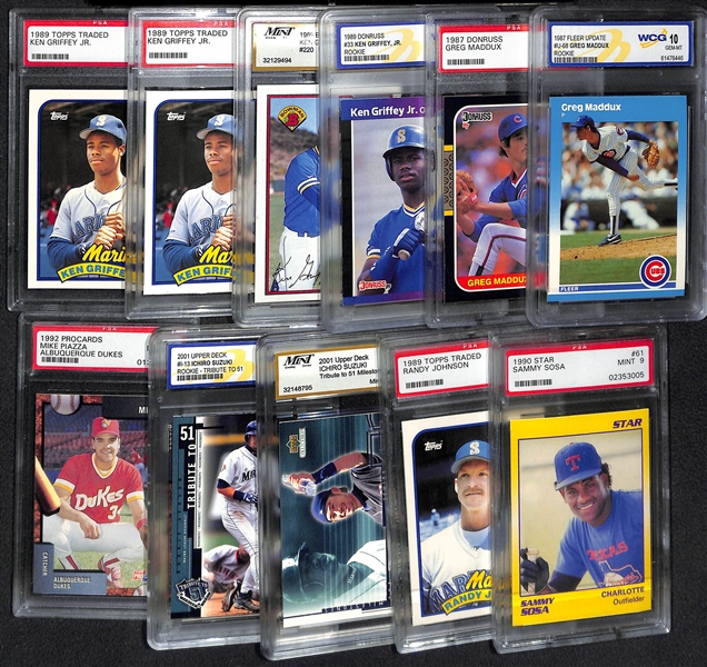 (11) Graded Baseball Rookies w. (2) Topps Traded Griffey Jr. PSA 9, 2 More Griffey Jr. (Donruss/Bowman), 2 Maddux, Piazza, 2 Ichiro, Randy Johnson, S. Sosa