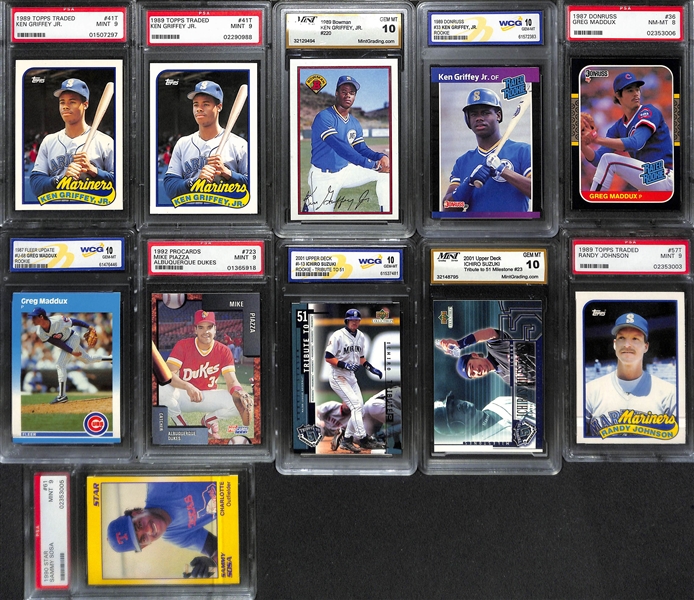 (11) Graded Baseball Rookies w. (2) Topps Traded Griffey Jr. PSA 9, 2 More Griffey Jr. (Donruss/Bowman), 2 Maddux, Piazza, 2 Ichiro, Randy Johnson, S. Sosa