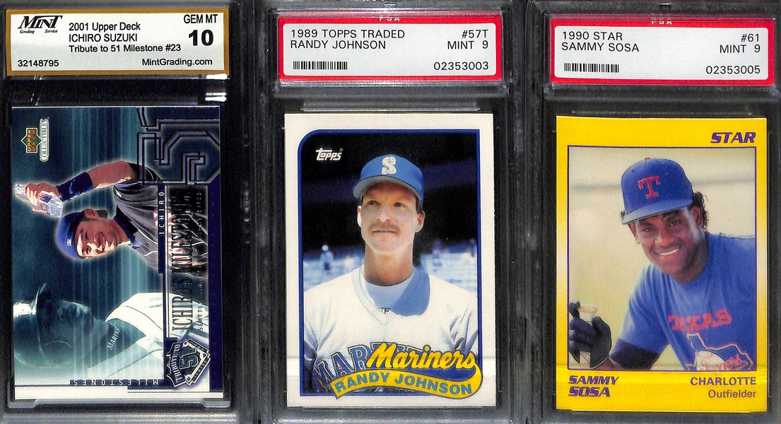(11) Graded Baseball Rookies w. (2) Topps Traded Griffey Jr. PSA 9, 2 More Griffey Jr. (Donruss/Bowman), 2 Maddux, Piazza, 2 Ichiro, Randy Johnson, S. Sosa