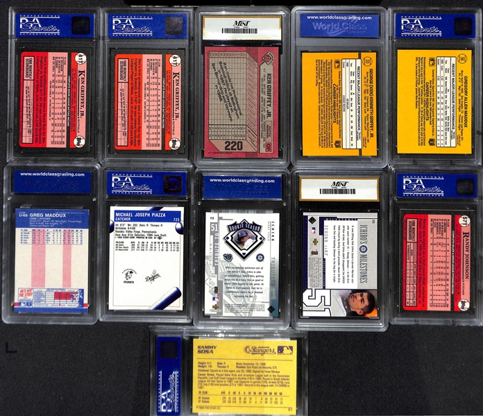 (11) Graded Baseball Rookies w. (2) Topps Traded Griffey Jr. PSA 9, 2 More Griffey Jr. (Donruss/Bowman), 2 Maddux, Piazza, 2 Ichiro, Randy Johnson, S. Sosa