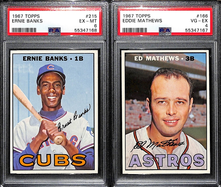 1967 Topps Lot - Ernie Banks #215 PSA 6 and Eddie Mathews #166 PSA 4