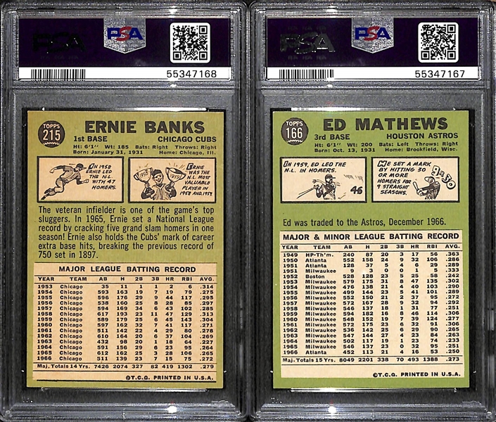 1967 Topps Lot - Ernie Banks #215 PSA 6 and Eddie Mathews #166 PSA 4