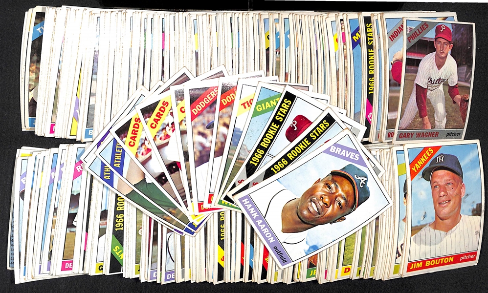 Lot of Approximately (400) Assorted 1966 Topps Baseball Cards w. Hank Aaron & Ferguson Jenkins RC x2