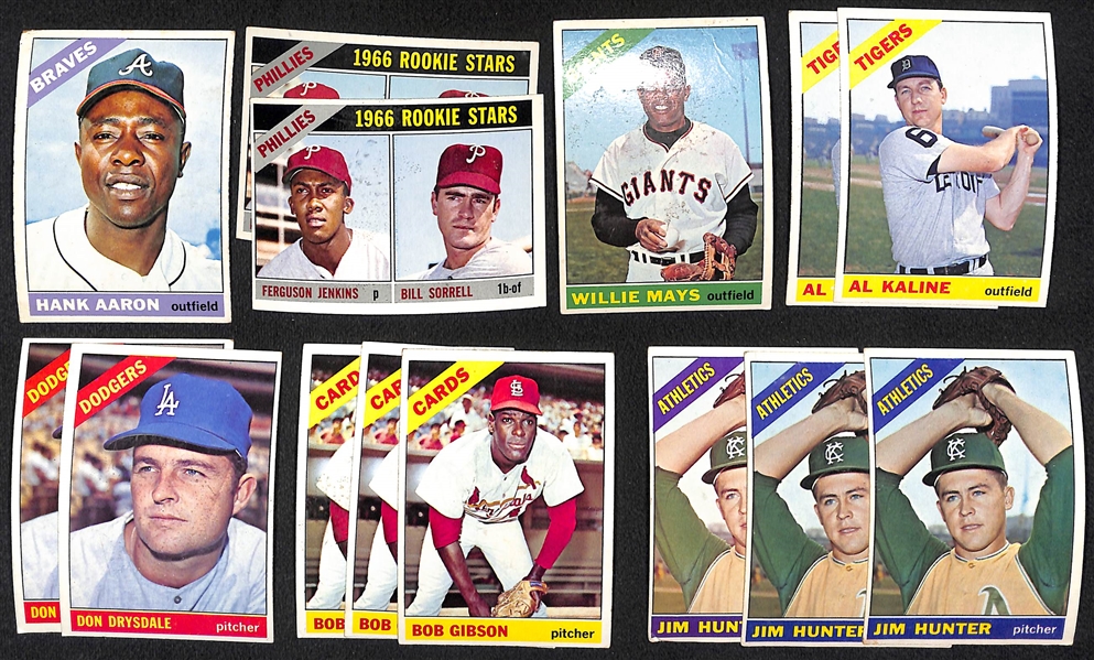 Lot of Approximately (400) Assorted 1966 Topps Baseball Cards w. Hank Aaron & Ferguson Jenkins RC x2