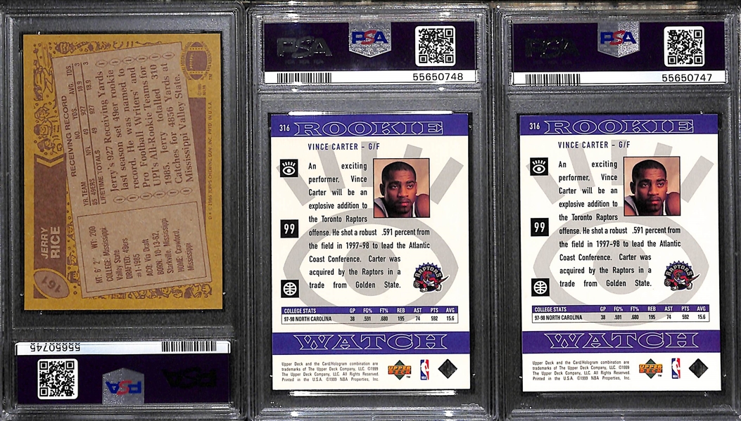 1986 Topps Jerry Rice Rookie #161 Graded PSA 6 EX-MT & (2) 1998 Vince Carter Rookie Cards (PSA 8 and PSA 9)