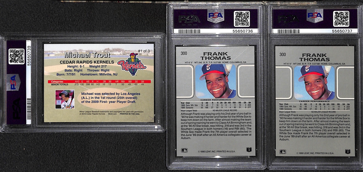 Lot of (3) Baseball Rookies - 2010 Mike Trout Minor League Card (PSA 8), and (2) 1990 Leaf Frank Thomas Rookies Graded PSA 9 Mint