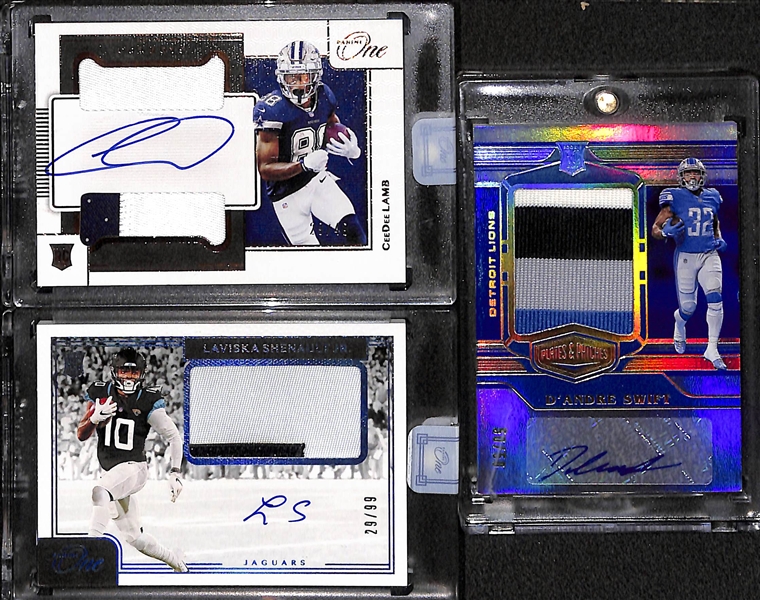 2020 Football Rookie Patch Autograph Lot - Panini One CeeDee Lamb #ed/49, Plates & Patches D'Andre Swift, Panini One Laviska Shenault Jr. #ed/99