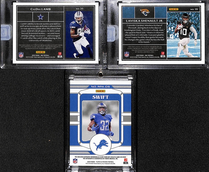 2020 Football Rookie Patch Autograph Lot - Panini One CeeDee Lamb #ed/49, Plates & Patches D'Andre Swift, Panini One Laviska Shenault Jr. #ed/99