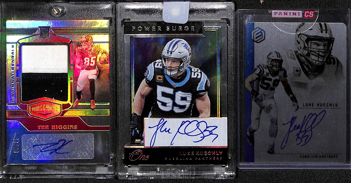 2020 Football Autograph Lot - Tee Higgins Rookie Patch Autograph, Luke Kuechly Panini One (#ed/10) & Luke Kuechly Elements