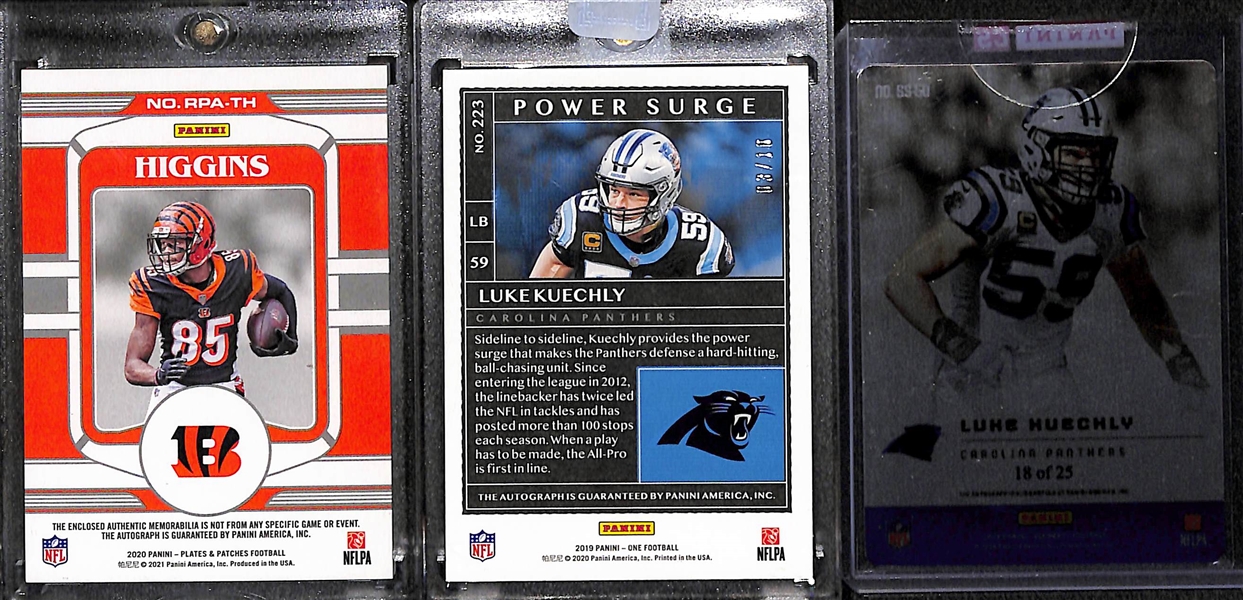 2020 Football Autograph Lot - Tee Higgins Rookie Patch Autograph, Luke Kuechly Panini One (#ed/10) & Luke Kuechly Elements