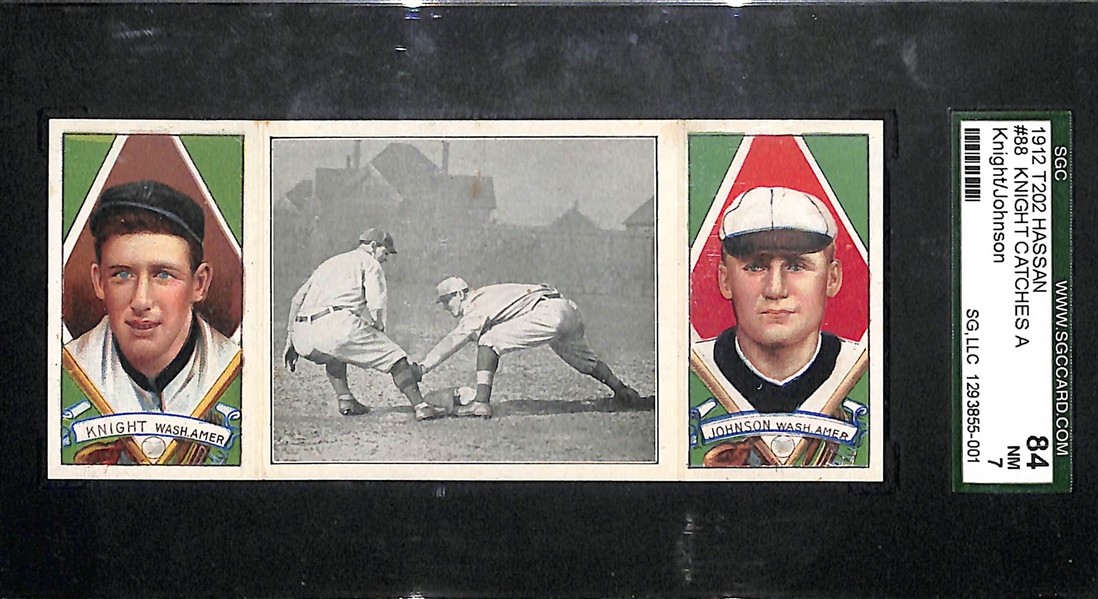 HIGH GRADE 1912 T202 Hassan Triple Folder Walter Johnson & Jack Knight Graded SGC 7 NM (Knight Catches a Runner) 