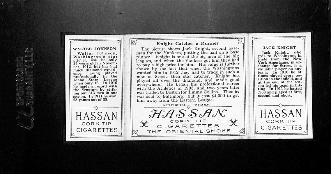 HIGH GRADE 1912 T202 Hassan Triple Folder Walter Johnson & Jack Knight Graded SGC 7 NM (Knight Catches a Runner) 