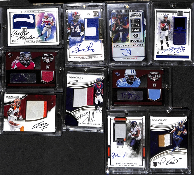 Lot of (10) Autographed Football Cards w. Curtis Martin Patch #24/25, Thurman Thomas Patch #4/5, Jordan Love Contenders Draft College Ticket #8/11