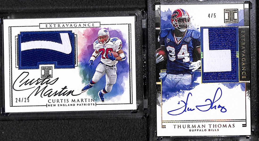 Lot of (10) Autographed Football Cards w. Curtis Martin Patch #24/25, Thurman Thomas Patch #4/5, Jordan Love Contenders Draft College Ticket #8/11
