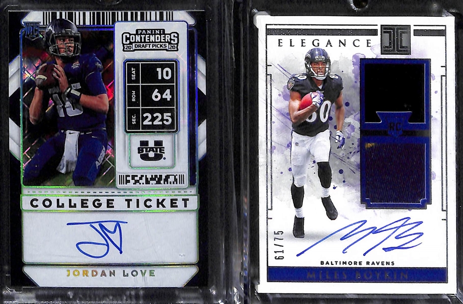 Lot of (10) Autographed Football Cards w. Curtis Martin Patch #24/25, Thurman Thomas Patch #4/5, Jordan Love Contenders Draft College Ticket #8/11