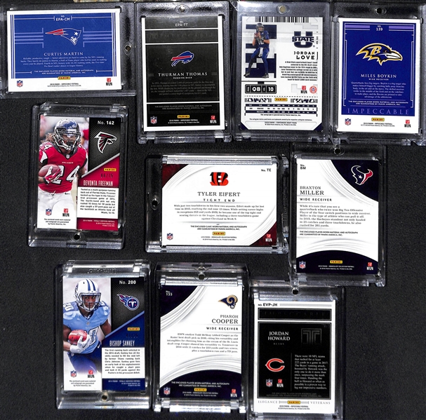 Lot of (10) Autographed Football Cards w. Curtis Martin Patch #24/25, Thurman Thomas Patch #4/5, Jordan Love Contenders Draft College Ticket #8/11