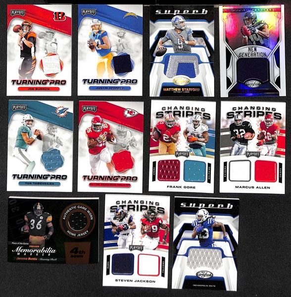 Lot of (11) Football Jersey/Patch Cards w. Burrow Rookie,  Herbert Rookie, Stafford Patch, DK Metcalf, Tua Tagovailoa Rookie, +