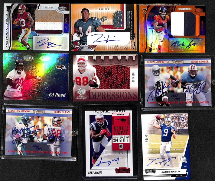 (34) Football Autograph Cards  w. Bowman's Best Ed Reed Rookie, T. Gonzalez, Eddie George, Keyshawn Johnson, S. Michel Rookie Ticket #/24, Jacob Eason #/50