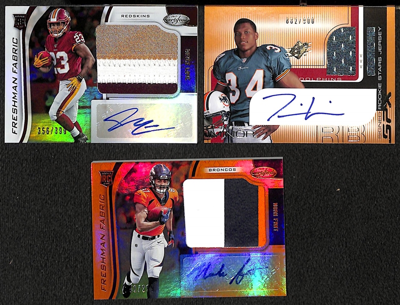 (34) Football Autograph Cards  w. Bowman's Best Ed Reed Rookie, T. Gonzalez, Eddie George, Keyshawn Johnson, S. Michel Rookie Ticket #/24, Jacob Eason #/50