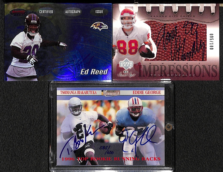 (34) Football Autograph Cards  w. Bowman's Best Ed Reed Rookie, T. Gonzalez, Eddie George, Keyshawn Johnson, S. Michel Rookie Ticket #/24, Jacob Eason #/50