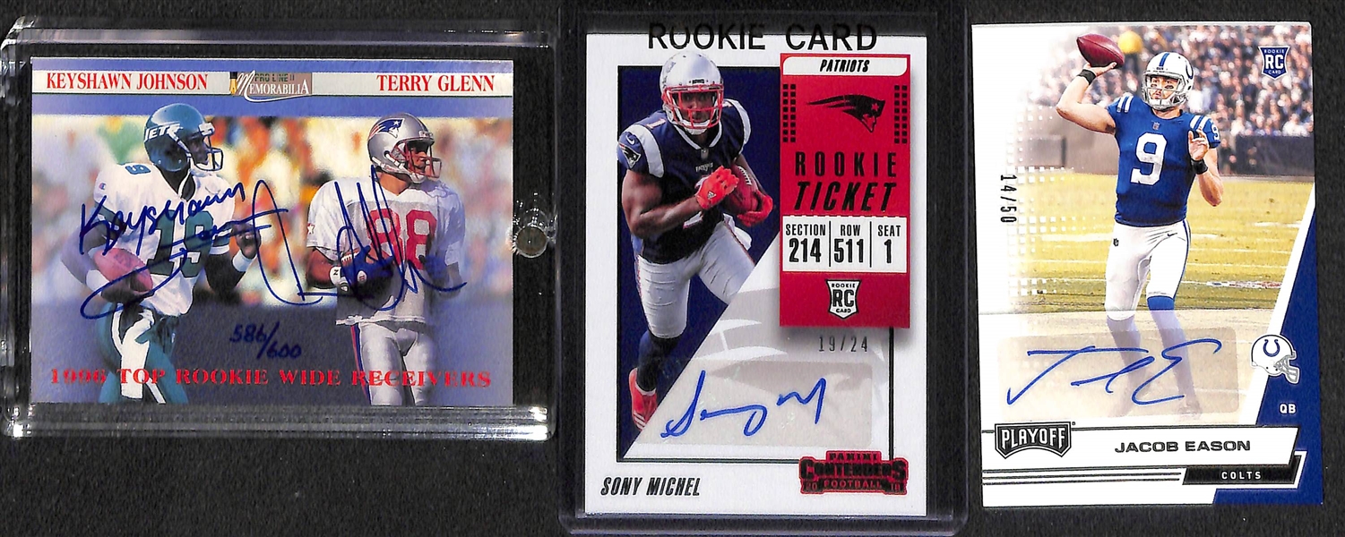 (34) Football Autograph Cards  w. Bowman's Best Ed Reed Rookie, T. Gonzalez, Eddie George, Keyshawn Johnson, S. Michel Rookie Ticket #/24, Jacob Eason #/50