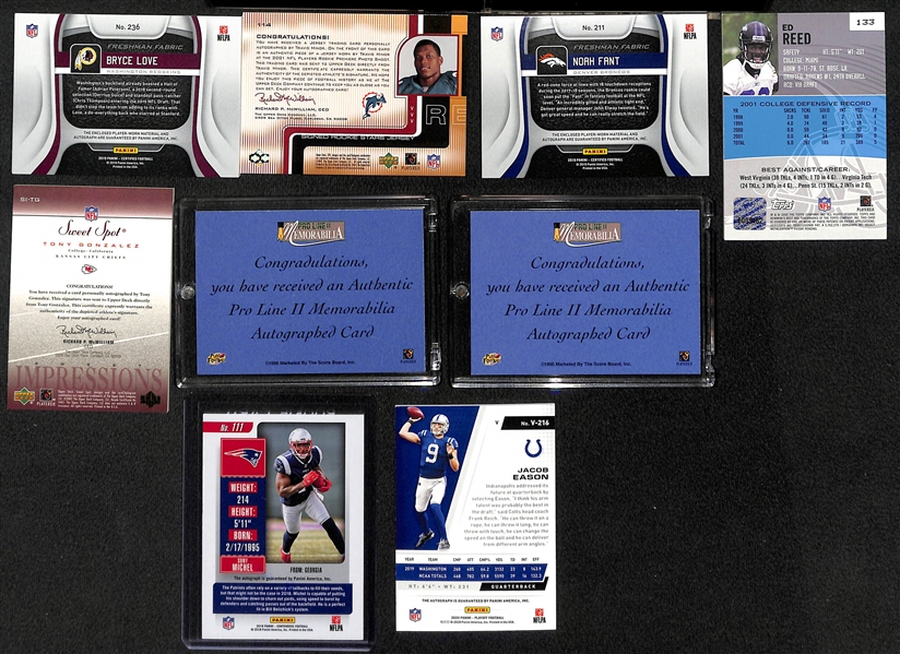 (34) Football Autograph Cards  w. Bowman's Best Ed Reed Rookie, T. Gonzalez, Eddie George, Keyshawn Johnson, S. Michel Rookie Ticket #/24, Jacob Eason #/50