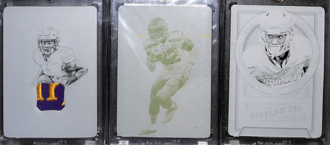(16) Football Cards inc. 3 Printing Plates (#ed 1/1 - w. Stefon Diggs Patch) and 13 Jersey Cards (w. Marino, Dorsett, P. Manning, E. Manning, Tarkenton, Marquise Brown
