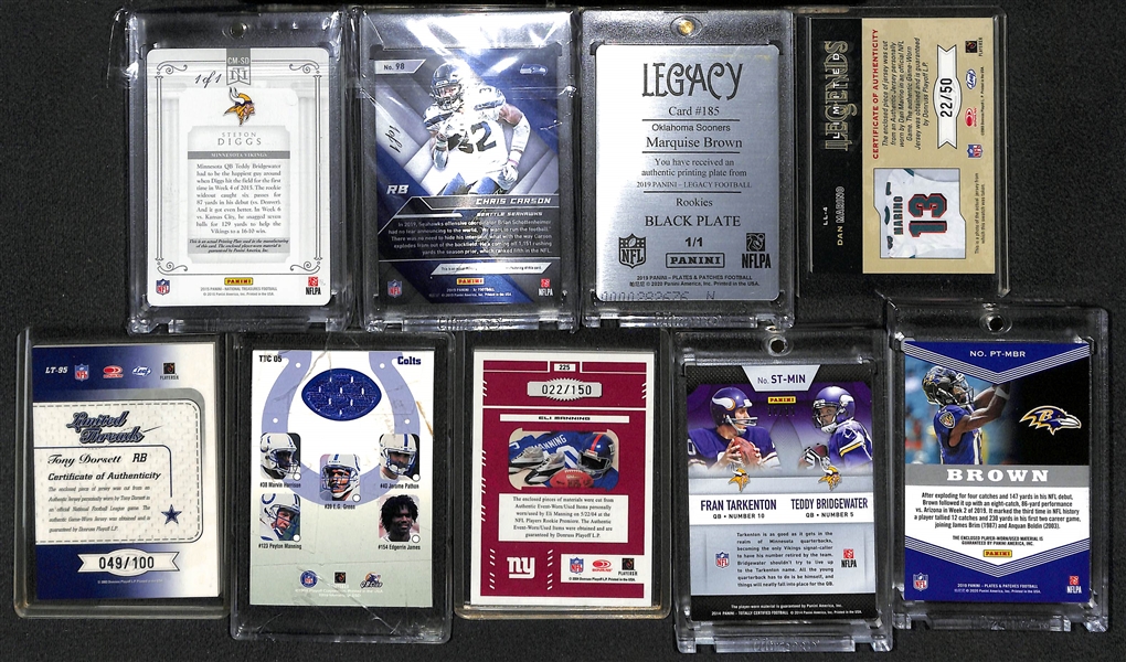(16) Football Cards inc. 3 Printing Plates (#ed 1/1 - w. Stefon Diggs Patch) and 13 Jersey Cards (w. Marino, Dorsett, P. Manning, E. Manning, Tarkenton, Marquise Brown