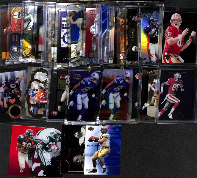 (32) Football Insert and/or Star Cards w. Marino, Favre, B. Sanders, E. Smith, P. Manning, L. Jackson, Aikman, + (Inc. 1998 Playoff Momentum Manning/Moss/Leaf/Enis Rookie)