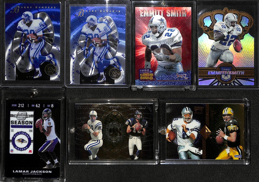 (32) Football Insert and/or Star Cards w. Marino, Favre, B. Sanders, E. Smith, P. Manning, L. Jackson, Aikman, + (Inc. 1998 Playoff Momentum Manning/Moss/Leaf/Enis Rookie)
