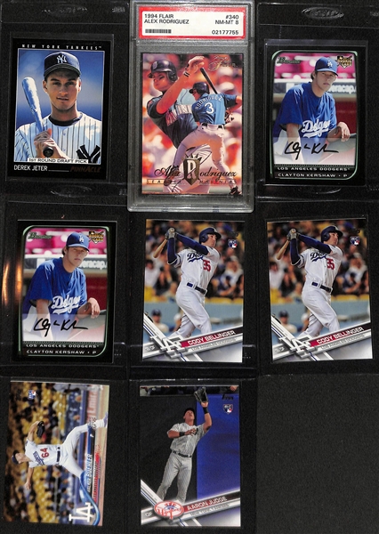 (6) Rookie Cards w. 1993 Pinnacle Jeter, 2004 Flair Alex Rodriguez PSA 8, (2) Clayton Kershaw, (2)  C. Bellinger, Aaron Judge,  W. Buehler