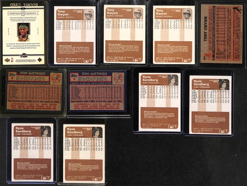 (22) Baseball and Basketball Rookie Stars Including Lebron James, Tony Gwynn, Mattingly, (4) R. Sandberg