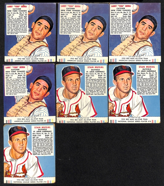 Lot of (7) 1952 Red Man with Tabs - (4) Yogi Berra & (3) Stan Musial