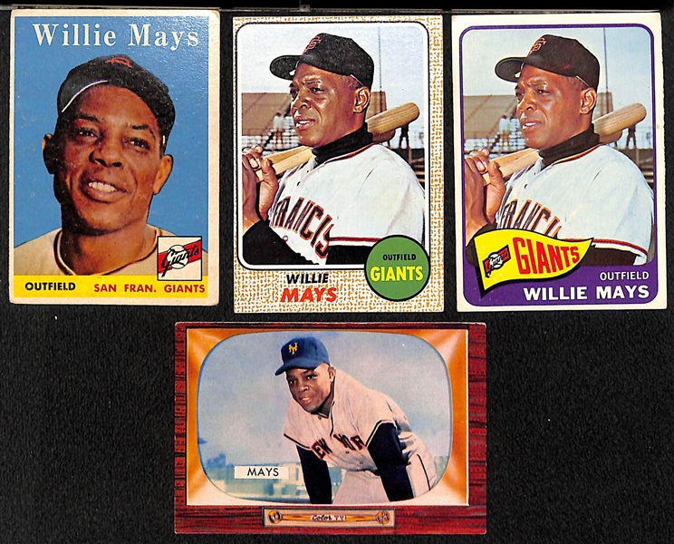 Lot of (4) Willie Mays Cards w. 1955 Bowman, 1958 Topps, 1965 Topps, & 1968 